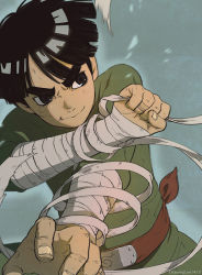Rule 34 | 1boy, bandages, black eyes, black hair, drawinglee, male focus, naruto, naruto (series), outstretched arm, outstretched hand, rock lee, short hair, smile, solo