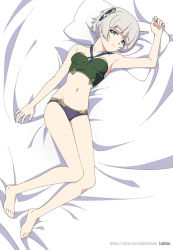 Rule 34 | 10s, 1girl, barefoot, bed, bed sheet, blue eyes, breasts, feet, full body, lolivia, looking at viewer, meteora osterreich, navel, panties, re:creators, short hair, small breasts, solo, underwear, white hair