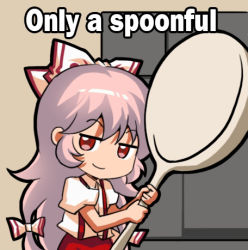 Rule 34 | 1girl, bow, closed mouth, collared shirt, comically large spoon (meme), english text, fujiwara no mokou, hair between eyes, hair bow, holding, holding spoon, jokanhiyou, long hair, lowres, meme, oversized object, pants, puffy short sleeves, puffy sleeves, red eyes, red pants, shirt, short sleeves, smile, solo, spoon, suspenders, touhou, white bow, white hair, white shirt