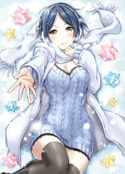 Rule 34 | 1girl, aran sweater, bad id, bad pixiv id, black footwear, blue hair, blue sweater, blush, boots, breasts, breath, cable knit, cleavage, fringe trim, grey jacket, grey scarf, grey thighhighs, hand up, hayami kanade, idolmaster, idolmaster cinderella girls, idolmaster cinderella girls starlight stage, jacket, knee boots, kuguri oimo, long sleeves, lying, medium breasts, on back, open clothes, open jacket, outstretched arm, parted bangs, parted lips, scarf, sleeves past wrists, smile, snow, solo, sweater, thighhighs, yellow eyes