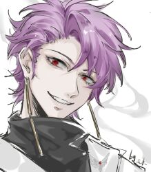 Rule 34 | 1boy, black sweater, chinese commentary, commentary request, earrings, grin, highres, jacket, jewelry, looking at viewer, male focus, open clothes, open jacket, portrait, purple hair, red eyes, saibou shinkyoku, sanweizi, short hair, simple background, sketch, smile, smoke, solo, sweater, theodore riddle, turtleneck, turtleneck sweater, white background, white jacket