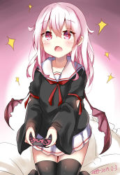 Rule 34 | 1girl, :o, absurdres, bat wings, black shirt, black thighhighs, blush, collarbone, commentary request, controller, dated, dreamusun, fang, fingernails, frilled pillow, frills, game controller, hair between eyes, highres, holding, long hair, long sleeves, open mouth, original, pillow, pink hair, pleated skirt, red neckwear, red wings, sailor collar, school uniform, serafuku, shirt, signature, sitting, skirt, sleeves past wrists, solo, sparkle, thighhighs, vampire, white sailor collar, white skirt, wide sleeves, wings