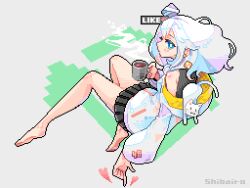 Rule 34 | 1girl, barefoot, black skirt, blue eyes, cat, drink, grey background, hood, hoodie, original, pixel art, shibairo, skirt, white cat, white hair