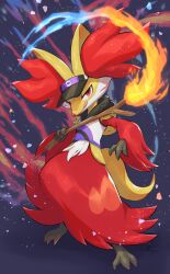 Rule 34 | :q, absurdres, artist name, black hat, blue fire, closed mouth, clothed pokemon, commentary request, creatures (company), delphox, fire, full body, game freak, gen 6 pokemon, grey background, hat, highres, holding, holding stick, hood, hood down, hoodie, licking lips, looking at viewer, nintendo, no humans, nullma, pokemon, pokemon (creature), pokemon unite, red eyes, signature, simple background, sleeveless, sleeveless hoodie, smile, standing, stick, tongue, tongue out, v-shaped eyebrows, visor cap