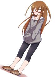 Rule 34 | 1girl, black leggings, blush, brown eyes, brown footwear, brown hair, collarbone, crescent, dutch angle, female focus, glasses, grey jacket, half-closed eyes, hands in pockets, highres, jacket, kantai collection, leggings, long hair, long sleeves, looking at viewer, matching hair/eyes, mochizuki (kancolle), nassukun, open mouth, red-framed eyewear, simple background, slippers, solo, standing, white background