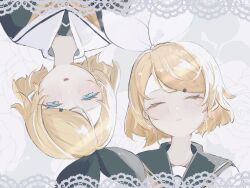 Rule 34 | 2girls, black bow, black sailor collar, black shirt, blonde hair, blue eyes, blush, bow, closed eyes, commentary, dual persona, floral background, flower, grey background, hair bow, hair ornament, hairclip, half-closed eyes, highres, kagamine rin, looking at viewer, multiple girls, neckerchief, pale skin, parted lips, rose, rotational symmetry, sailor collar, sailor shirt, shirt, short hair, swept bangs, turn3341, vocaloid, white bow, white flower, white rose, white sailor collar, white shirt, yellow neckerchief