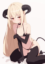 Rule 34 | 1girl, bad id, bad pixiv id, bare shoulders, bikini, black bikini, black choker, black gloves, black thighhighs, blonde hair, blush, breasts, brown background, choker, closed mouth, collarbone, commentary request, commission, demon girl, demon horns, demon tail, elbow gloves, gloves, hair between eyes, highres, horns, long hair, looking at viewer, original, oueo, pixiv commission, pointy ears, red eyes, shadow, simple background, small breasts, solo, swimsuit, tail, thighhighs, very long hair, wavy mouth