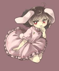 Rule 34 | 1girl, :3, :d, animal ears, bright pupils, brown hair, rabbit ears, carrot necklace, commentary, full body, hand on own chin, highres, inaba tewi, jewelry, looking at viewer, necklace, open mouth, puffy short sleeves, puffy sleeves, purple background, red eyes, sasa kichi, short hair, short sleeves, simple background, smile, solo, touhou