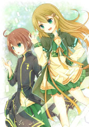 1boy 1girl :d ahoge bad_id bad_pixiv_id brown_hair green_eyes hair_ornament hand_on_own_hip long_hair looking_at_viewer open_mouth original school_uniform smile wind yonema