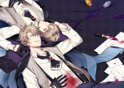 Rule 34 | 2boys, ascot, black ascot, black background, black gloves, blonde hair, blood, blood on clothes, blood splatter, bloody weapon, blue jacket, brooch, collared shirt, cowboy shot, dual persona, fate/grand order, fate (series), gloves, green eyes, grey vest, grin, hair between eyes, half gloves, hand on another&#039;s face, hand on own stomach, jacket, jacket on shoulders, jekyll and hyde (fate), jewelry, knife, letter, lying, male focus, miyamakoume, multiple boys, on back, open clothes, open collar, open vest, pants, paper, potion, purple pants, red eyes, rotational symmetry, shirt, short hair, sideways glance, smile, spiked hair, spill, suspenders, upper body, vest, vial, weapon, white shirt