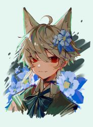 Rule 34 | 1other, ahoge, animal ear fluff, animal ears, artist name, blue bow, blue bowtie, bow, bowtie, cat ears, choker, collar, collared shirt, ear piercing, fang, fang out, feather hair ornament, feathers, flower, hair flower, hair ornament, hairpin, highres, multicolored background, neckerchief, ookami ciro, original, piercing, red eyes, sailor collar, shirt, sidelocks, signature, simple background, white hair