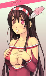 Rule 34 | 1girl, bad id, bad pixiv id, bare shoulders, blush, breasts, brown hair, cleavage, club atletico de madrid, collarbone, feathers, gradient background, hair between eyes, hairband, hands on breasts, large breasts, long hair, long sleeves, looking at viewer, open mouth, original, personification, pink eyes, soccer, solo, upper body, yoko juusuke