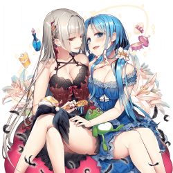 Rule 34 | 2girls, artist request, bare legs, bare shoulders, bird, black feathers, blue dress, blue eyes, blue hair, blunt bangs, breasts, cleavage, collarbone, crossed legs, crow, dress, feathers, female focus, flower, hair brush, hair ornament, hair ribbon, hand on another&#039;s leg, hime cut, large breasts, legs, long hair, looking at viewer, morigan raven, multiple girls, nail polish, naughty face, neck, off-shoulder dress, off shoulder, open mouth, perfume (band), red eyes, ribbon, sidelocks, silver hair, sitting, smile, sparkle, stuffed animal, stuffed frog, stuffed toy, transparent background, uchi no hime-sama ga ichiban kawaii, very long hair, vivienne (uchi no hime-sama ga ichiban kawaii), yuri