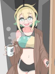 Rule 34 | 1girl, alternate breast size, amano pikamee, bike shorts, black hairband, blonde hair, cup, dolphin shorts, doorway, drrnvevo, glasses, green eyes, green hair, hairband, mug, multicolored hair, open mouth, pov doorway, sharp teeth, short hair, short shorts, shorts, smile, solo, sports bra, steam, teeth, two-tone hair, virtual youtuber, voms
