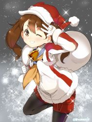 Rule 34 | 10s, 1girl, ;d, bell, black pantyhose, gloves, grin, hat, kantai collection, pantyhose under shorts, long hair, looking at viewer, naitou ryuu, one eye closed, open mouth, pantyhose, pantyhose under shorts, ryuujou (kancolle), santa hat, shorts, smile, solo, sparkle, twintails, twitter username, v, white gloves