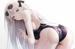 Rule 34 | 1girl, ass, bare arms, bare shoulders, bent over, black one-piece swimsuit, black ribbon, blush, breasts, character name, competition swimsuit, eyewear on head, from behind, girls&#039; frontline, hair ribbon, hand up, highres, kar98k (girls&#039; frontline), keenh, long hair, looking at viewer, looking back, medium breasts, one-piece swimsuit, parted lips, red eyes, ribbon, simple background, sleeveless, solo, sunglasses, swimsuit, wet, white background, white hair