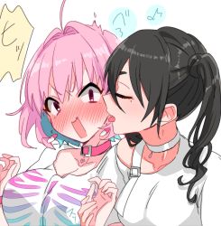 Rule 34 | 2girls, ahoge, black hair, blush, breasts, choker, cleavage, closed eyes, collar, collarbone, colored inner hair, earrings, hands up, highres, holding hands, idolmaster, idolmaster cinderella girls, jewelry, large breasts, licking, licking another&#039;s face, medium hair, mole, mole under eye, multicolored hair, multiple girls, nose blush, open mouth, pink hair, red eyes, sharp teeth, shirt, simple background, small breasts, sukoyaka (100hituzi), sunazuka akira, surprised, teeth, tongue, tongue out, twintails, upper body, v-shaped eyebrows, white background, white shirt, yumemi riamu, yuri