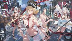 Rule 34 | 6+girls, azur lane, beach, bikini, bismarck (azur lane), bismarck zwei (azur lane), black bikini, black nails, black shorts, blonde hair, blue eyes, blunt bangs, breasts, character request, choker, closed mouth, cloud, cloudy sky, cross, cross necklace, detached collar, drum, drumsticks, facing to the side, facing viewer, fingernails, green hair, guitar, hair between eyes, hair bun, hat, holding, holding drumsticks, holding instrument, holding microphone, horns, houston (azur lane), houston ii (azur lane), instrument, jade (azur lane), jewelry, keyboard (instrument), large breasts, long hair, looking at viewer, medium hair, microphone, military hat, modare, multicolored hair, multiple girls, necklace, official art, one eye closed, otto von alvensleben (azur lane), outdoors, purple hair, red eyes, red hair, red nails, regensburg (azur lane), short shorts, shorts, sitting, sky, small breasts, smile, speaker, standing, standing on one leg, sunglasses, swimsuit, thigh strap, third-party source, toeless footwear, twintails, u-556 (meta) (azur lane), v, white hair, yellow eyes