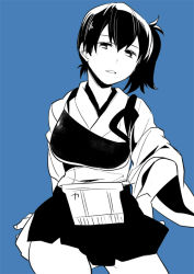 Rule 34 | 10s, 1girl, black hair, blue background, blue theme, hand on own hip, high contrast, japanese clothes, kaga (kancolle), kantai collection, looking at viewer, monochrome, muneate, short hair, side ponytail, simple background, skirt, solo, suzuka (rekkyo)