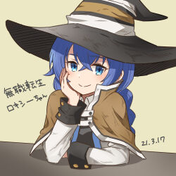 Rule 34 | 1girl, absurdres, akane (akaneoekaki0928), arm on table, blue eyes, blue hair, braid, brown cloak, cloak, closed mouth, collar, collared shirt, dated, eyebrows hidden by hair, hair between eyes, hand on own chin, hat, highres, light blush, looking at viewer, mushoku tensei, roxy migurdia, shirt, signature, simple background, sitting, smile, solo, twin braids, upper body, white collar, witch hat