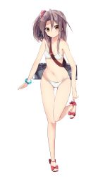 Rule 34 | 10s, 1girl, absurdres, adjusting clothes, adjusting shoe, amano kouki, bangle, bikini, bracelet, brown eyes, brown hair, flat chest, highres, jewelry, kantai collection, looking at viewer, navel, one side up, ponytail, sandals, scrunchie, simple background, solo, standing, swimsuit, white background, white bikini, zuihou (kancolle)
