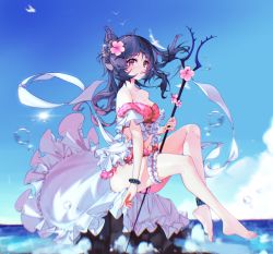 Rule 34 | 1girl, absurdres, animal ears, anklet, antenna hair, arknights, bare shoulders, barefoot, bikini, bird, black hair, blue sky, bracelet, breasts, bridal garter, cic tatsumi, cleavage, day, detached sleeves, eyjafjalla (arknights), eyjafjalla (summer flower) (arknights), flower, frills, hair bun, hair flower, hair ornament, hibiscus, highres, holding, holding staff, horns, infection monitor (arknights), jewelry, medium breasts, navel, ocean, official alternate costume, outdoors, pink bikini, puffy short sleeves, puffy sleeves, rock, sheep ears, sheep girl, sheep horns, short sleeves, single hair bun, sitting, sky, solo, sparkle, staff, strapless, strapless bikini, swimsuit, water, water drop