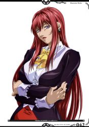 Rule 34 | 00s, 1girl, bible black, breasts, crossed arms, earrings, highres, jewelry, large breasts, long hair, mature female, non-web source, pencil skirt, purple eyes, red hair, scan, skirt, solo, takashiro hiroko, teacher, very long hair, yoshiten