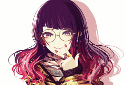 Rule 34 | 1girl, :q, bad id, bad pixiv id, brown-framed eyewear, closed mouth, colored shadow, commentary request, diagonal bangs, drop shadow, fingernails, glasses, gradient hair, hand up, idolmaster, idolmaster shiny colors, jacket, long hair, long sleeves, looking at viewer, minyom, multicolored hair, nail polish, purple eyes, purple hair, red hair, red nails, round eyewear, shadow, sleeves past wrists, smile, solo, tanaka mamimi, tongue, tongue out, upper body, v over mouth, white background, yellow jacket
