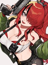 Rule 34 | 1girl, absurdres, bare shoulders, belt, black belt, black hair, black pants, bra, breasts, cleavage, collarbone, commentary request, fingerless gloves, gloves, green jacket, grey background, grey eyes, gun, hair over one eye, handgun, highres, holding, holding gun, holding weapon, jacket, jacket partially removed, lain paterson, lain paterson (1st costume), large breasts, long hair, long sleeves, looking at viewer, midriff, multicolored hair, nijisanji, one eye covered, open mouth, pants, red bra, red hair, shirt, simple background, solo, stomach, strapless, streaked hair, tube top, underwear, upper body, very long hair, virtual youtuber, weapon, white shirt, yoshinoa