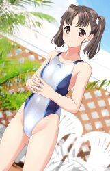 Rule 34 | 1girl, absurdres, black hair, breasts, brown eyes, chair, commentary request, competition swimsuit, covered navel, dutch angle, fence, groin, high school fleet, highres, looking at viewer, one-piece swimsuit, own hands clasped, own hands together, parted lips, shiretoko rin, short hair, small breasts, solo, swimsuit, takafumi, twintails, two-tone swimsuit, white one-piece swimsuit