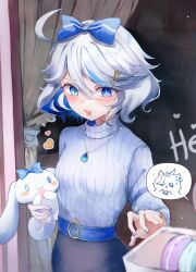Rule 34 | 1girl, ahoge, alternate costume, animal, artist name, black skirt, blue bow, blue eyes, blue hair, blue nails, blush, bow, cinnamoroll, commentary, cowboy shot, cowlick, curtains, english commentary, food, furina (genshin impact), genshin impact, hair between eyes, hair bow, heterochromia, highres, holding, holding animal, indoors, jewelry, long sleeves, macaron, mismatched pupils, multicolored hair, nail polish, necklace, night, open mouth, pencil skirt, pota ken, sanrio, short hair, skirt, smile, speech bubble, spoken character, standing, sweater, turtleneck, turtleneck sweater, watermark, white hair, white sweater, window