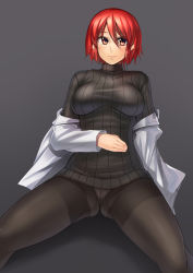 Rule 34 | 1girl, ayakumo, black pantyhose, breasts, female focus, highres, horikawa raiko, jacket, large breasts, long sleeves, no pants, off shoulder, open clothes, open jacket, panties, panties under pantyhose, pantyhose, red eyes, red hair, ribbed sweater, silver hair, solo, spread legs, sweater, thighband pantyhose, touhou, turtleneck, underwear