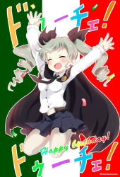 Rule 34 | 10s, 1girl, anchovy (girls und panzer), arms up, belt, black footwear, black skirt, cape, confetti, cursive, dress shirt, drill hair, english text, flag background, full body, girls und panzer, green hair, hair ribbon, happy birthday, italian flag, jumping, loafers, long hair, long sleeves, massala, miniskirt, necktie, open mouth, pantyhose, pleated skirt, rainbow gradient, red eyes, ribbon, school uniform, shirt, shoes, skirt, smile, solo, twin drills, twintails, twitter username, white pantyhose, white shirt