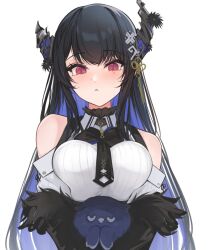 Rule 34 | 1girl, asymmetrical horns, bare shoulders, black hair, blue hair, blush, breasts, colored inner hair, demon horns, hair ornament, highres, hololive, hololive english, horns, jailbird (nerissa ravencroft), large breasts, long hair, looking at viewer, mole, mole under eye, multicolored hair, nerissa ravencroft, nerissa ravencroft (1st costume), red eyes, shou3 2, solo, two-tone hair, uneven horns, very long hair, virtual youtuber