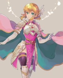 Rule 34 | 1girl, armor, black thighhighs, blonde hair, boots, breastplate, cape, commentary request, dress, elbow gloves, feet out of frame, fes4, fire emblem, fire emblem: thracia 776, gloves, green eyes, grey background, looking at viewer, nanna (fire emblem), nintendo, pauldrons, pelvic curtain, pink dress, short hair, shoulder armor, simple background, smile, solo, standing, thighhighs, white armor, white footwear, white gloves, wing hair ornament