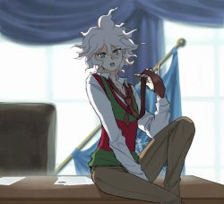 Rule 34 | 1boy, blurry, blurry background, blush, brown neckwear, brown pants, collarbone, collared shirt, commentary, danganronpa (series), danganronpa 2: goodbye despair, desk, feet out of frame, green vest, grey eyes, hair between eyes, hand up, knee up, komaeda nagito, long sleeves, looking at viewer, male focus, official alternate costume, open mouth, pants, paper, red vest, shirt, sitting, solo, teeth, upper teeth only, vest, white hair, yandr4hope