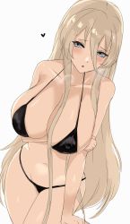 Rule 34 | 1girl, arm under breasts, azur lane, bare shoulders, bikini, bismarck (azur lane), black bikini, blonde hair, blue eyes, blush, breasts, cleavage, collarbone, commentary request, hair between eyes, halterneck, heart, highres, holding own arm, large breasts, long hair, navel, open mouth, simple background, solo, swimsuit, thighs, very long hair, white background, zukanosuke