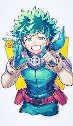 Rule 34 | 1boy, belt, belt pouch, boku no hero academia, commentary, cropped legs, elbow gloves, emoji, freckles, gloves, green eyes, green gloves, green hair, green jumpsuit, grin, hands up, highres, index finger raised, jumpsuit, looking at viewer, male focus, mecyo (mamezurushiki), midoriya izuku, notice lines, pouch, red belt, short hair, simple background, smile, solo, speech bubble, symbol-only commentary, teeth, two-tone gloves, white background, white gloves, yellow background