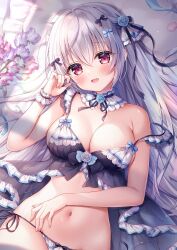Rule 34 | 1girl, :d, babydoll, bare arms, bare shoulders, black babydoll, breasts, cleavage, detached collar, fang, flower, frills, large breasts, lingerie, long hair, looking at viewer, lying, mitsuba choco, navel, on back, open mouth, original, panties, red eyes, rose, see-through, side-tie panties, smile, solo, stomach, strap slip, string panties, underwear, underwear only, white hair, wrist cuffs