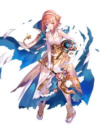 1girl arm_shield bridal_gauntlets broken_shield cape clenched_teeth damaged detached_sleeves fire_emblem fire_emblem_fates fire_emblem_heroes highres holding holding_wand japanese_clothes nintendo non-web_source official_alternate_costume official_art pink_hair sakura_(fire_emblem) sakura_(in_full_bloom)_(fire_emblem) sandals shield short_hair solo tabi teeth torn_cape torn_clothes wand white_cape