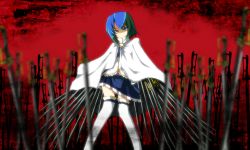 Rule 34 | 10s, 1girl, akenoin, akenoin soumon, bad id, bad pixiv id, blue eyes, blue hair, blurry, cape, depth of field, fate (series), field of blades, magical girl, mahou shoujo madoka magica, mahou shoujo madoka magica (anime), matching hair/eyes, miki sayaka, short hair, solo, sword, thighhighs, unlimited blade works (fate), weapon, white thighhighs, zettai ryouiki