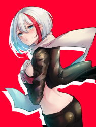 Rule 34 | 1girl, admiral graf spee (azur lane), ass, azur lane, black jacket, black pants, blush, breasts, drop shadow, dutch angle, from behind, green eyes, hair between eyes, hand up, highres, jacket, long sleeves, looking at viewer, looking back, medium breasts, multicolored hair, open clothes, open jacket, osisio, pants, parted lips, red background, red hair, scarf, signature, silver hair, solo, streaked hair, white scarf