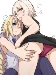 Rule 34 | 2girls, ass, bad id, bad pixiv id, black necktie, blonde hair, blue eyes, blush, closed mouth, fate/apocrypha, fate (series), highres, jeanne d&#039;arc (fate), jeanne d&#039;arc (girl from orleans) (fate), jeanne d&#039;arc (ruler) (fate), jeanne d&#039;arc alter (avenger) (fate), jeanne d&#039;arc alter (fate), long hair, looking at viewer, multiple girls, necktie, panties, parted lips, ramchi, red panties, short hair, signature, sleeveless, underwear, white hair, yellow eyes, yuri