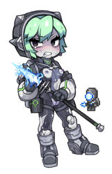 Rule 34 | 1girl, alien, aqua hair, black eyes, black footwear, black gloves, bodysuit, boots, breasts, cleft of venus, colored skin, creature and personification, energy weapon, full body, gigazapper, gloves, grey skin, holding, holding polearm, holding weapon, knee boots, no nose, nyong nyong, personification, polearm, reference inset, short hair, simple background, small breasts, solo, spear, standing, terraria, torn bodysuit, torn clothes, uncensored, weapon, white background