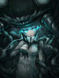 Rule 34 | 10s, 1girl, abyssal ship, aqua eyes, black gloves, bodysuit, cape, gloves, glowing, glowing eyes, hat, highres, kajaneko, kantai collection, navel, pale skin, silver hair, solo, torn clothes, wo-class aircraft carrier