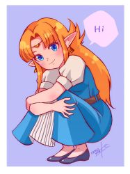 Rule 34 | 1girl, belt, blonde hair, blue background, blue eyes, blush, circlet, dress, highres, looking at viewer, nintendo, nonoworks, pointy ears, princess zelda, shoes, smile, solo, speech bubble, squatting, the legend of zelda, the legend of zelda: a link to the past, triforce earrings