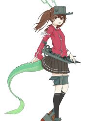 Rule 34 | 1girl, black skirt, black socks, brown eyes, brown hair, dragon horns, dragon tail, fangs, highres, horns, japanese clothes, kantai collection, kariginu, kneehighs, long hair, long sleeves, looking at viewer, magatama, nail polish, nito (nshtntr), open mouth, pleated skirt, red nails, rigging, ryuujou (kancolle), simple background, skirt, socks, solo, tail, twintails, visor cap, white background