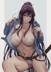 1girl bare_shoulders belt belt_buckle bikini black_hair blush breasts buckle cleavage commentary_request covered_erect_nipples denim denim_jacket front-tie_bikini_top front-tie_top grey_background hair_ribbon highleg highleg_bikini highres jacket jeneral kanzaki_kaori katana large_breasts long_hair looking_at_viewer navel open_clothes open_jacket paid_reward_available parted_lips ponytail purple_eyes ribbon sheath sheathed side-tie_bikini_bottom simple_background solo swimsuit sword thighs toaru_majutsu_no_index very_long_hair weapon white_bikini white_ribbon