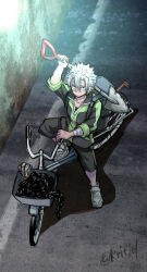 Rule 34 | 1boy, bicycle, chain, closed mouth, from above, full body, hair between eyes, holding, holding shovel, jumpsuit, kimetsu no yaiba, krit, looking at viewer, male focus, riding, riding bicycle, scar, scar on face, scar on forehead, scar on nose, shadow, shinazugawa sanemi, shovel, sleeves past elbows, solo, twitter username