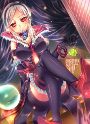 Rule 34 | 00s, 1girl, absurdres, albino, black gloves, black thighhighs, card, choker, crossed legs, eas (fresh precure!), elbow gloves, fresh precure!, full body, gloves, grey hair, hairband, higashi setsuna, highres, looking at viewer, mouth hold, playing card, popped collar, precure, red eyes, red footwear, shoes, short hair, sitting, solo, thighhighs, touki matsuri